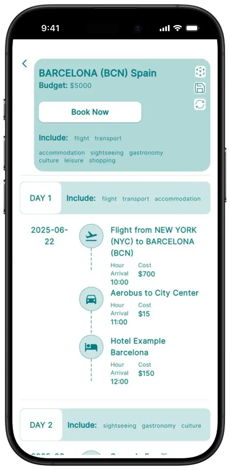 Itinerario de Barcelona en Lets2Go, organizado por días con vuelo, transporte y alojamiento.