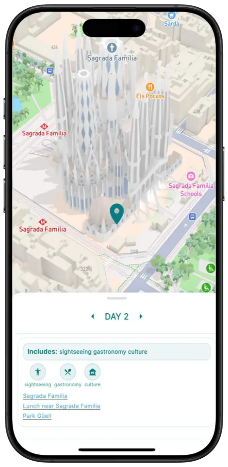 Mapa de Barcelona en Lets2Go con la Sagrada Familia y las actividades del segundo día.