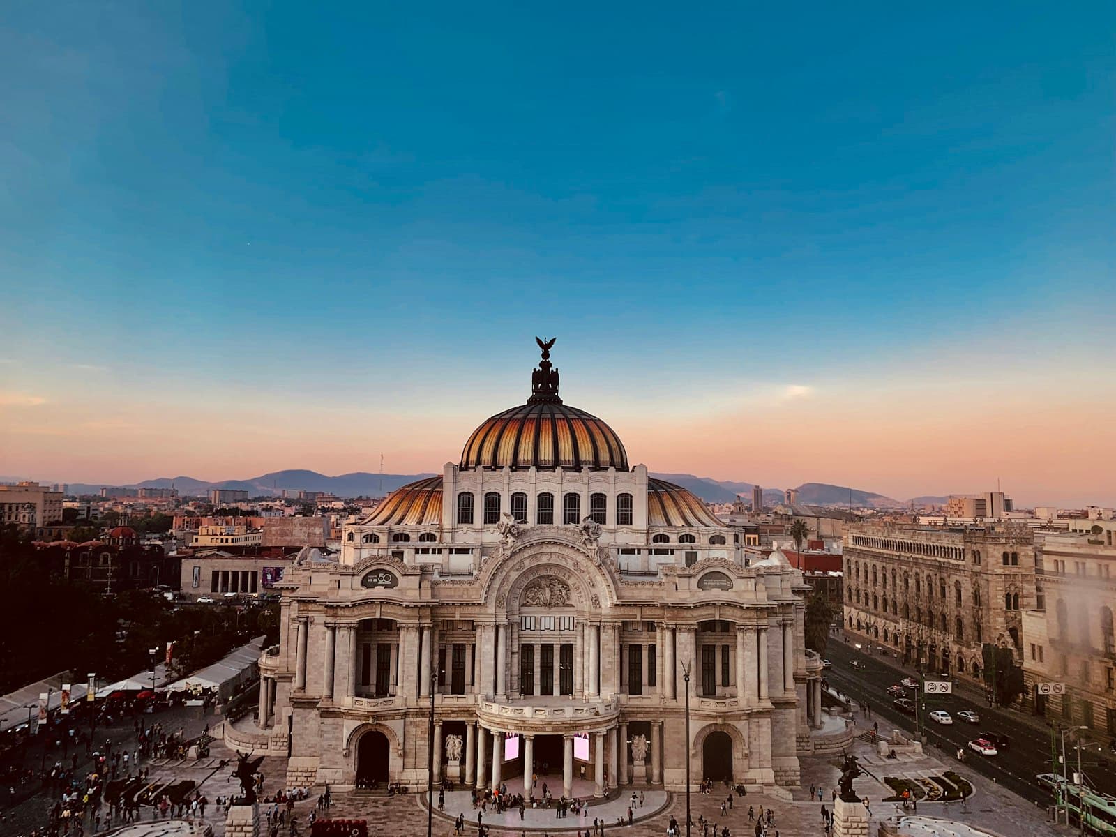 Aerial view of the Palacio de Bellas Artes in Mexico City at dusk