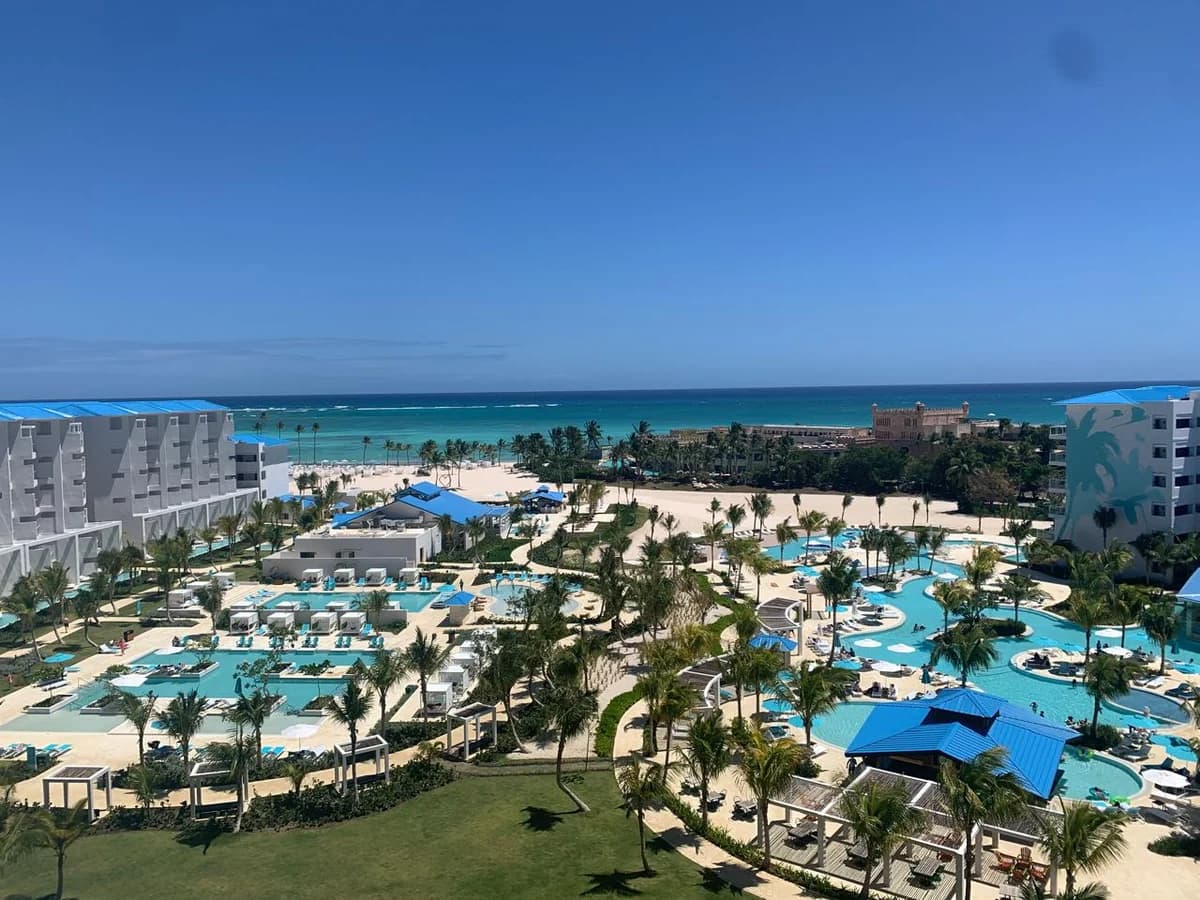 Aerial view of pools and palm trees