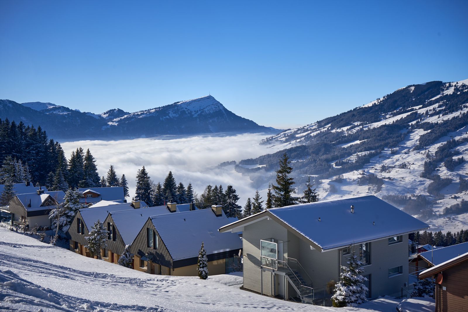Snow-covered mountain village in the Swiss Alps in winter